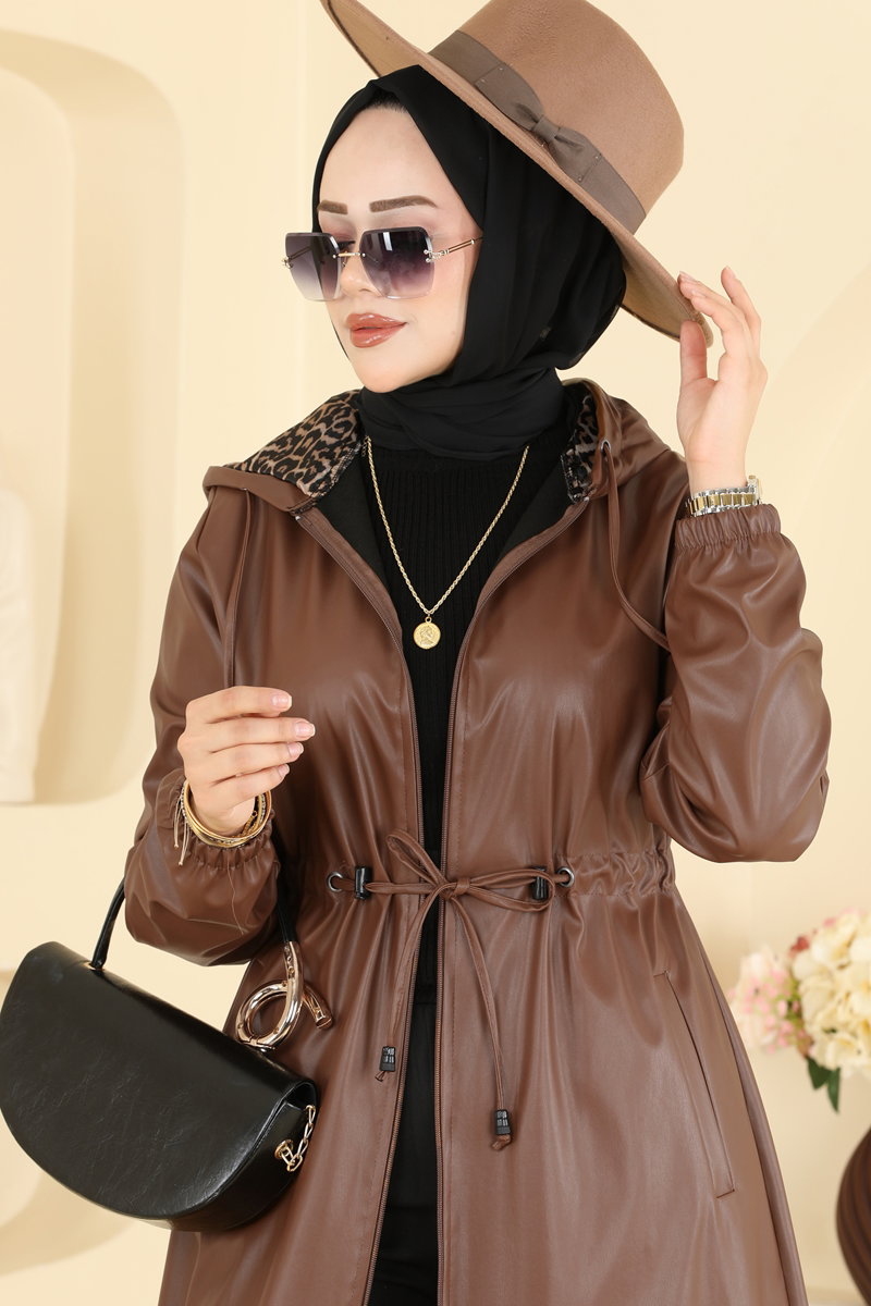 Long Faux Leather Trench Coat - Tan