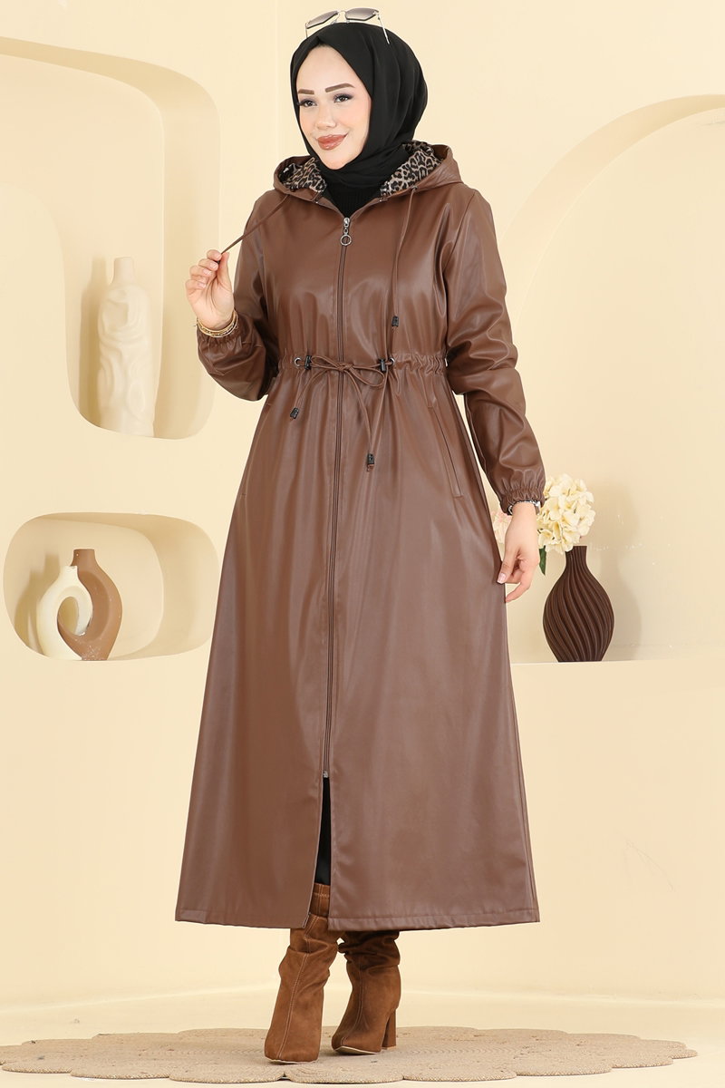 Long Faux Leather Trench Coat - Tan