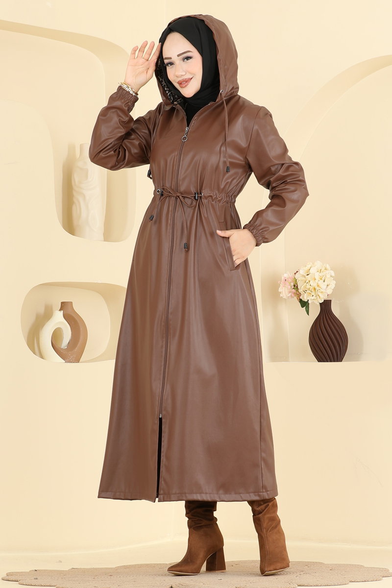 Long Faux Leather Trench Coat - Tan