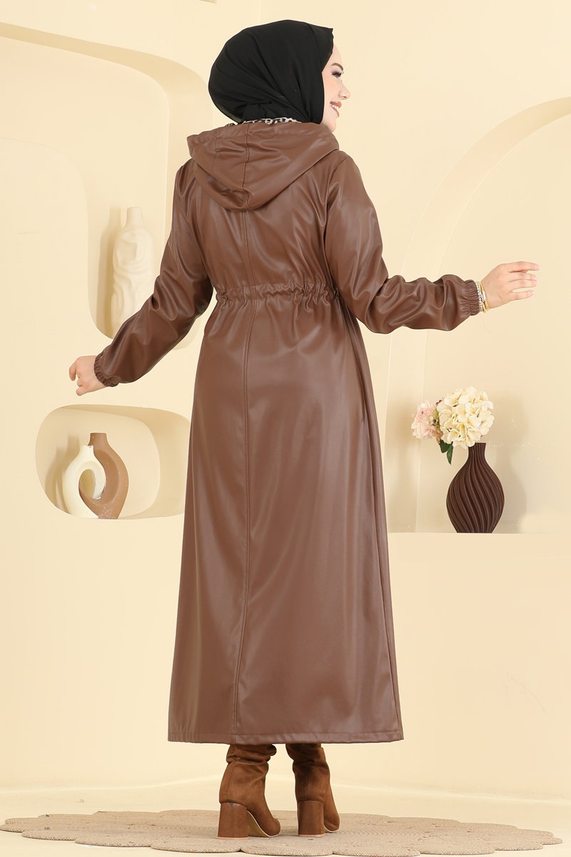 Long Faux Leather Trench Coat - Tan