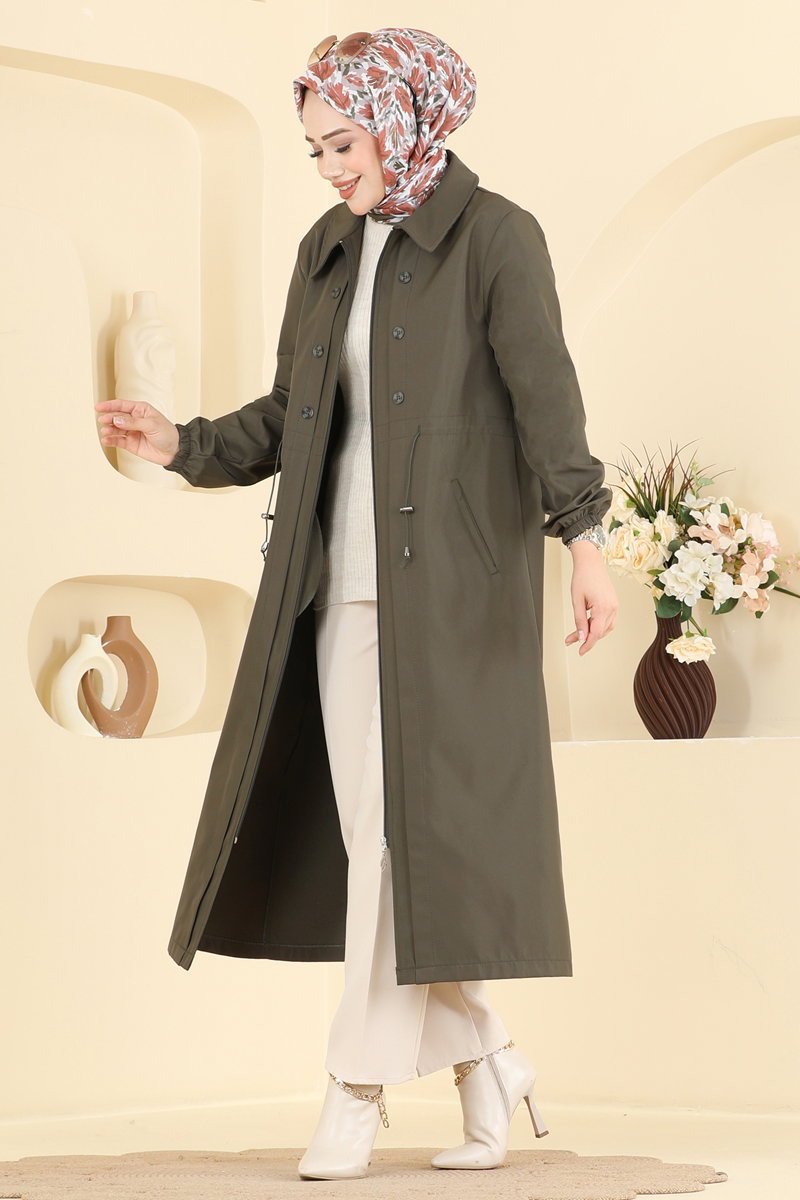 Long Trench Coat with Drawstring Waist - Khaki