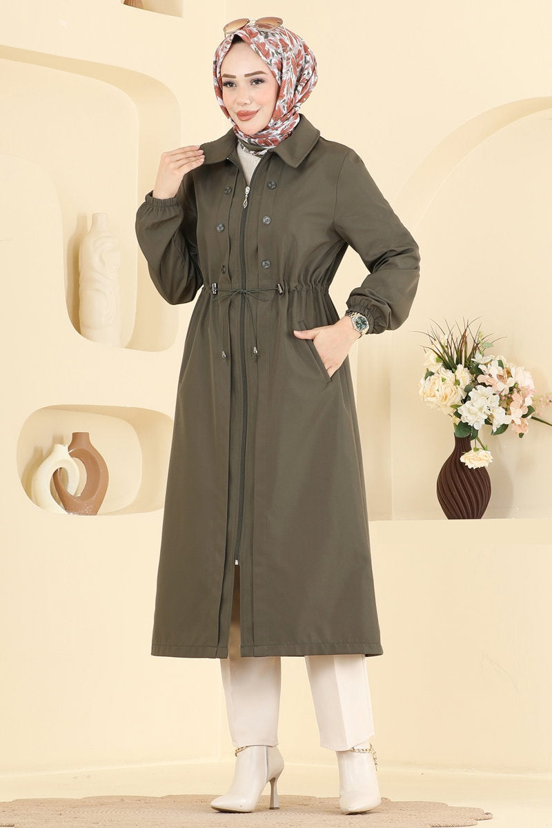 Long Trench Coat with Drawstring Waist - Khaki