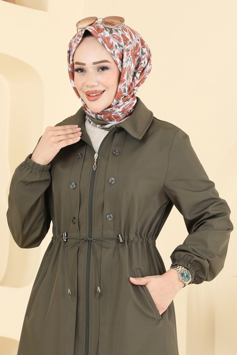 Long Trench Coat with Drawstring Waist - Khaki