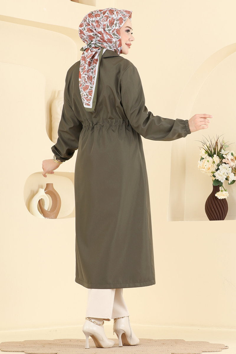 Long Trench Coat with Drawstring Waist - Khaki