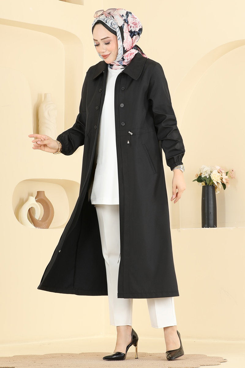 Long Trench Coat with Drawstring Waist - Black