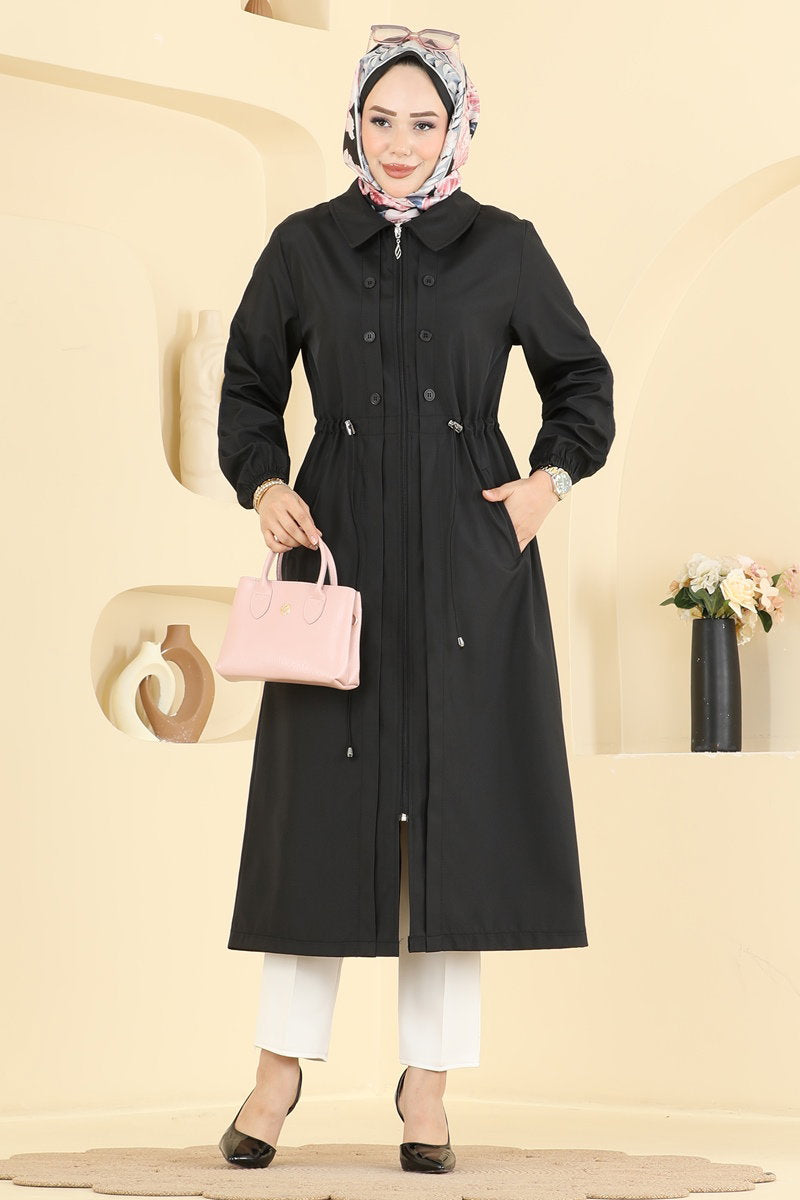 Long Trench Coat with Drawstring Waist - Black