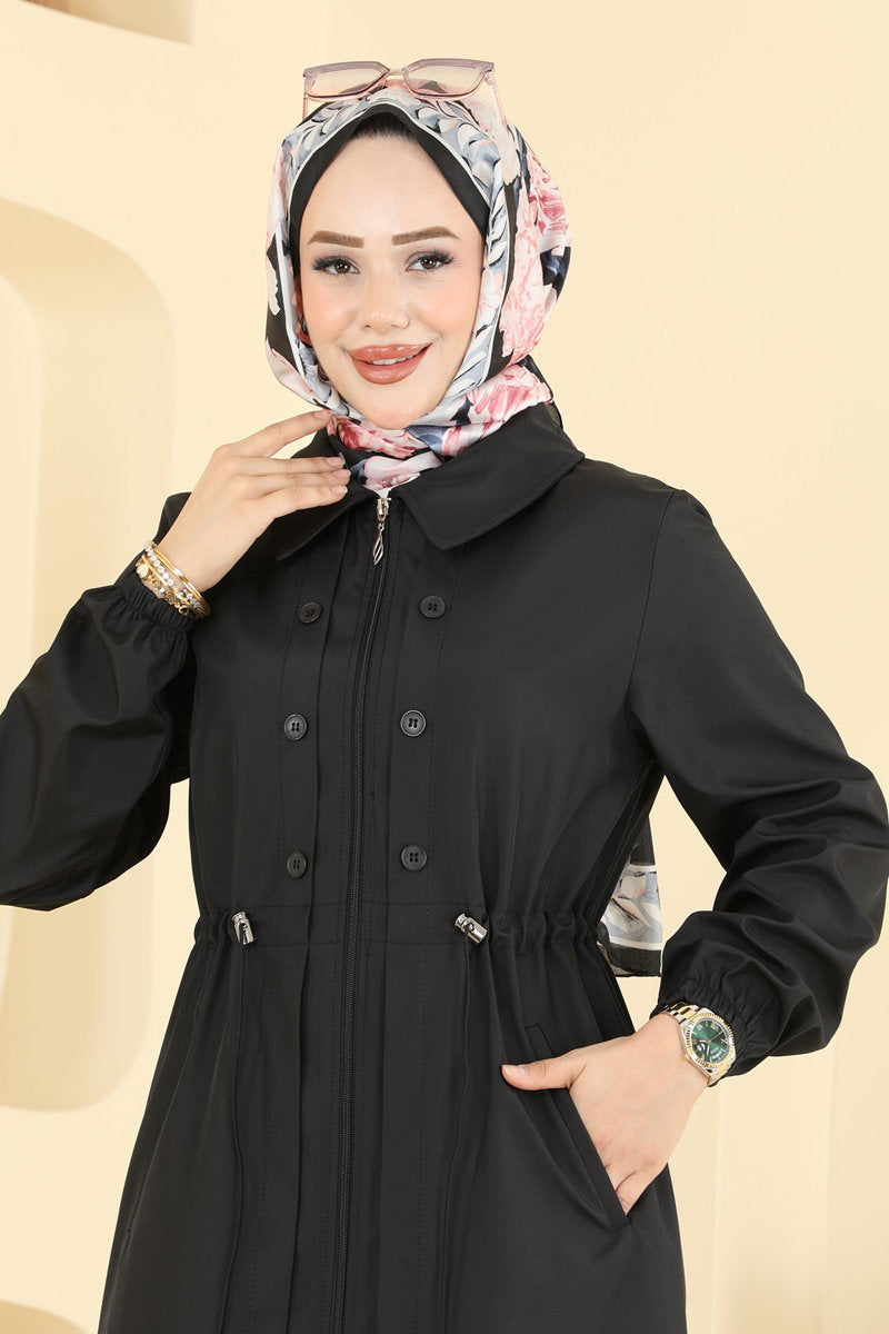 Long Trench Coat with Drawstring Waist - Black