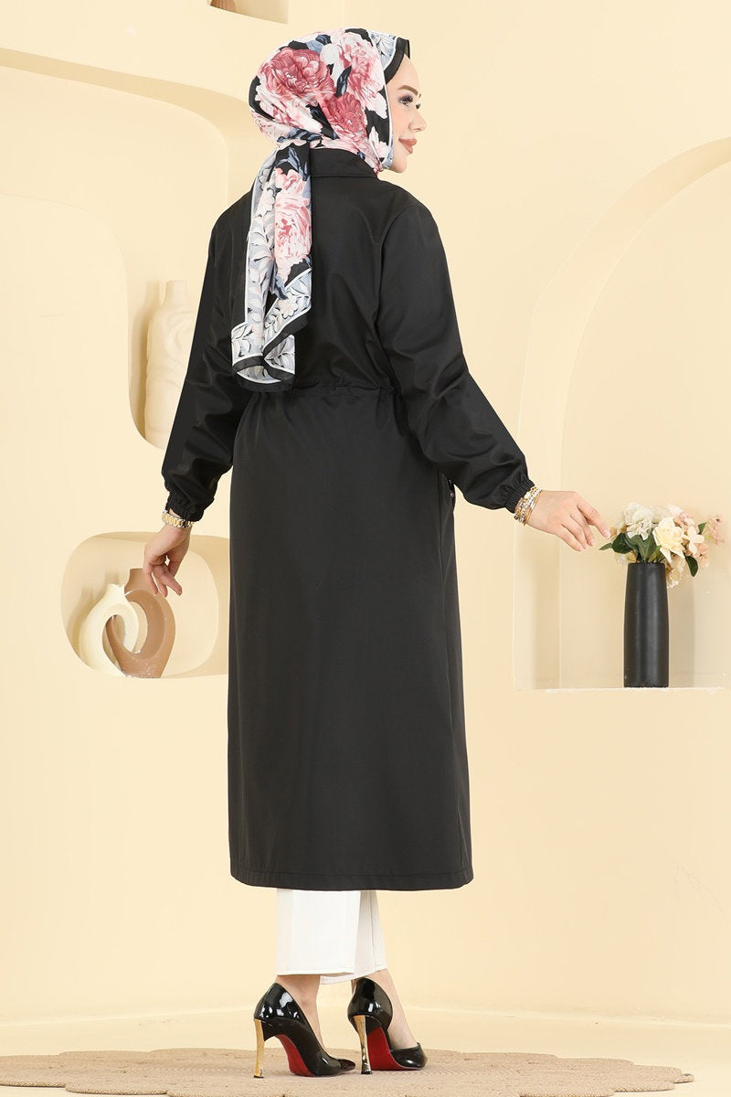 Long Trench Coat with Drawstring Waist - Black