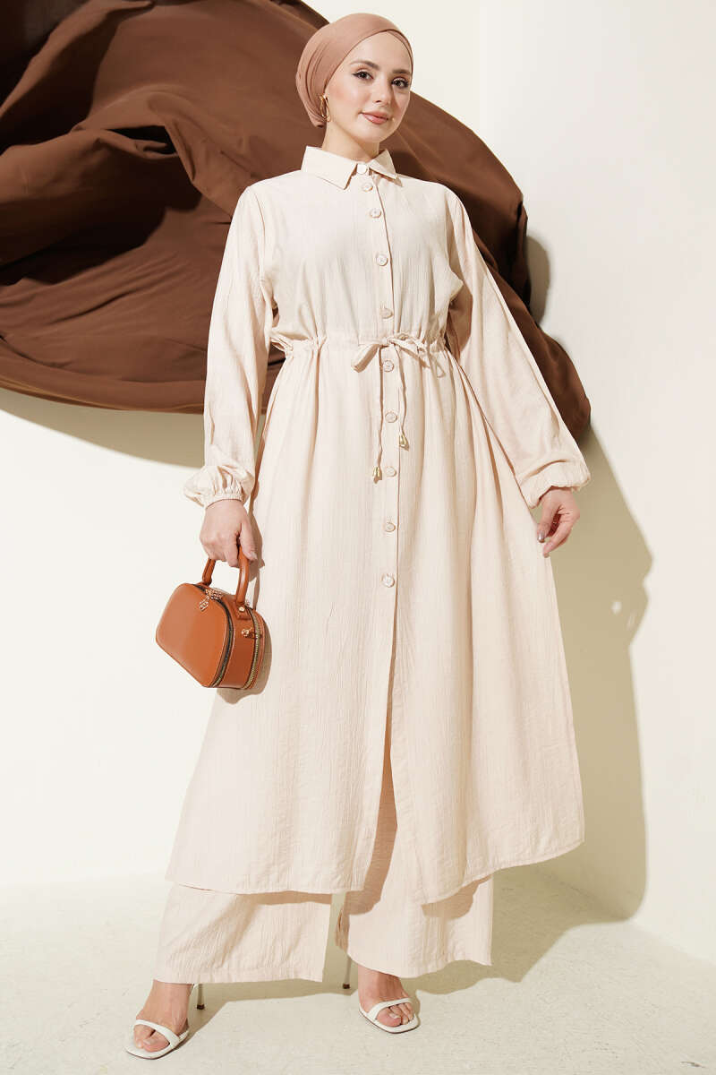 Long Tunic Two-Piece Set with Drawstring Waist - Beige