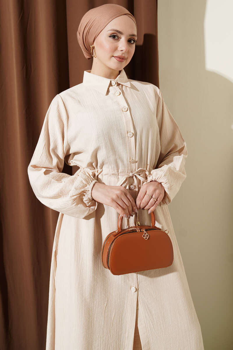 Long Tunic Two-Piece Set with Drawstring Waist - Beige