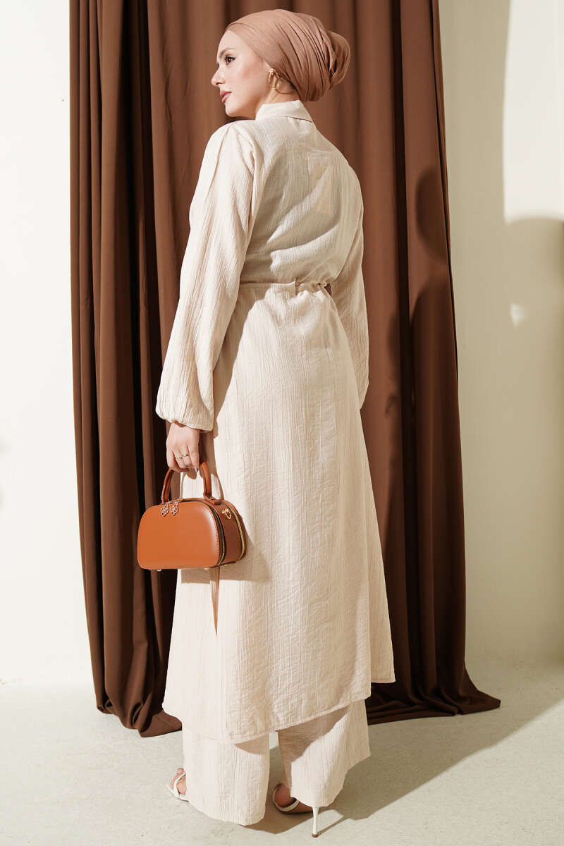 Long Tunic Two-Piece Set with Drawstring Waist - Beige