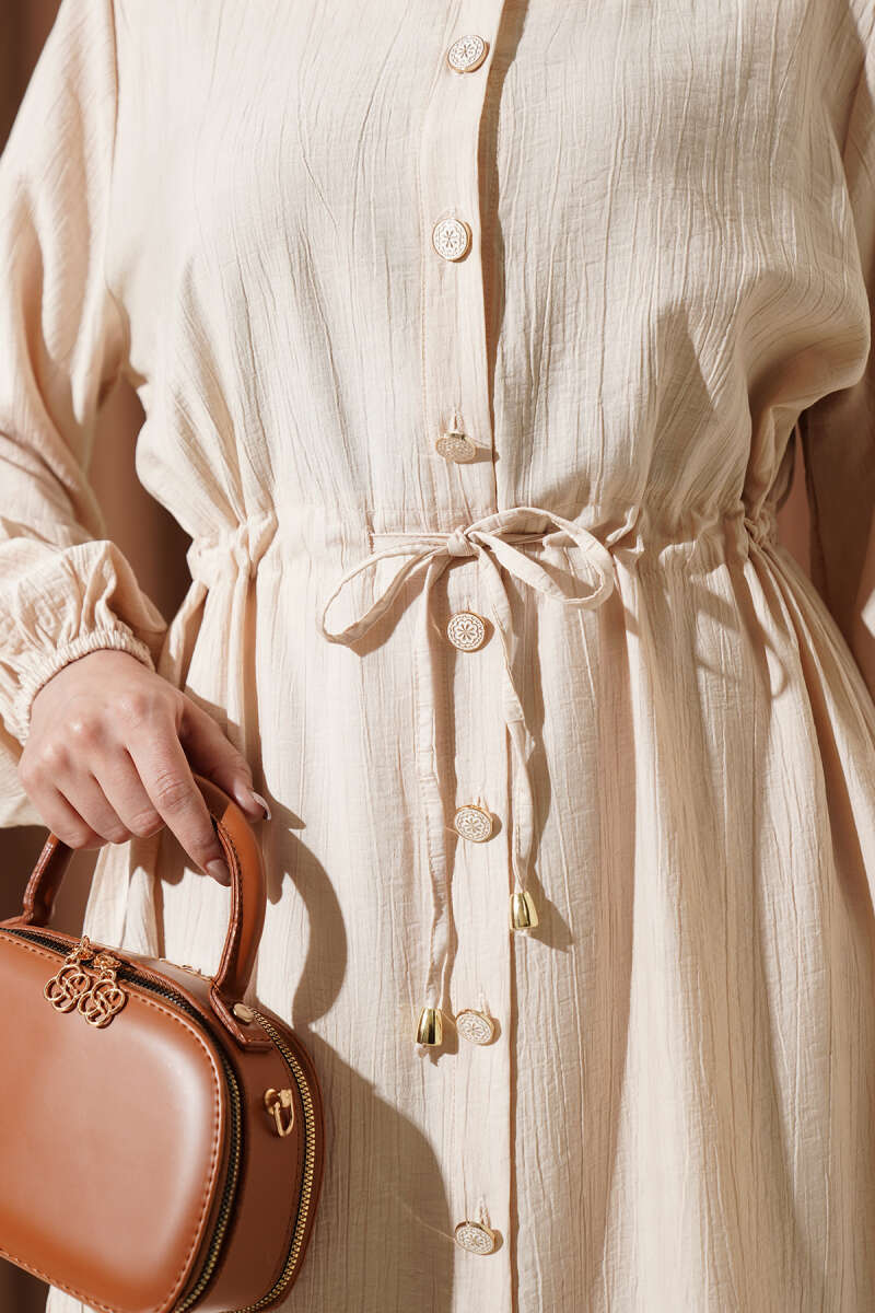Long Tunic Two-Piece Set with Drawstring Waist - Beige