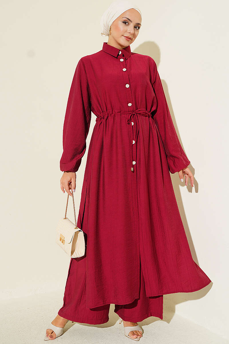 Long Tunic Two-Piece Set with Drawstring Waist - Burgundy