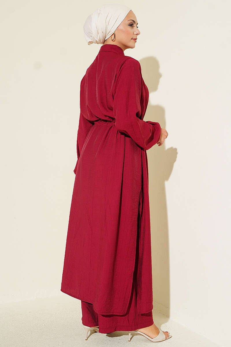 Long Tunic Two-Piece Set with Drawstring Waist - Burgundy