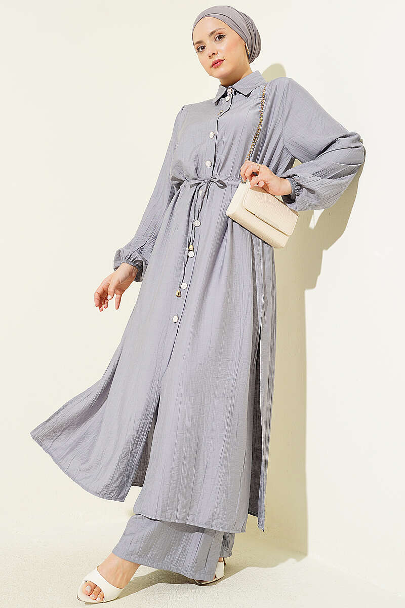 Long Tunic Two-Piece Set with Drawstring Waist - Grey