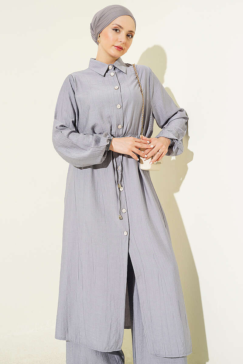 Long Tunic Two-Piece Set with Drawstring Waist - Grey