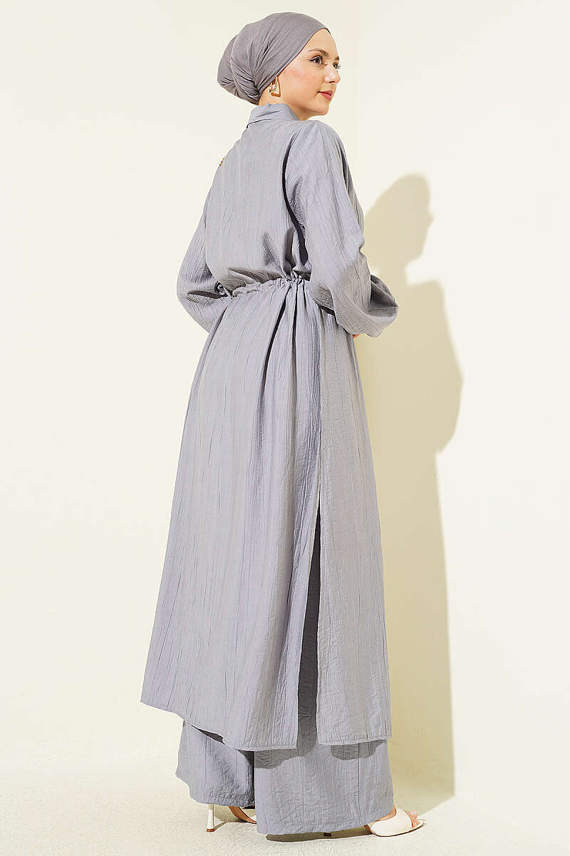 Long Tunic Two-Piece Set with Drawstring Waist - Grey
