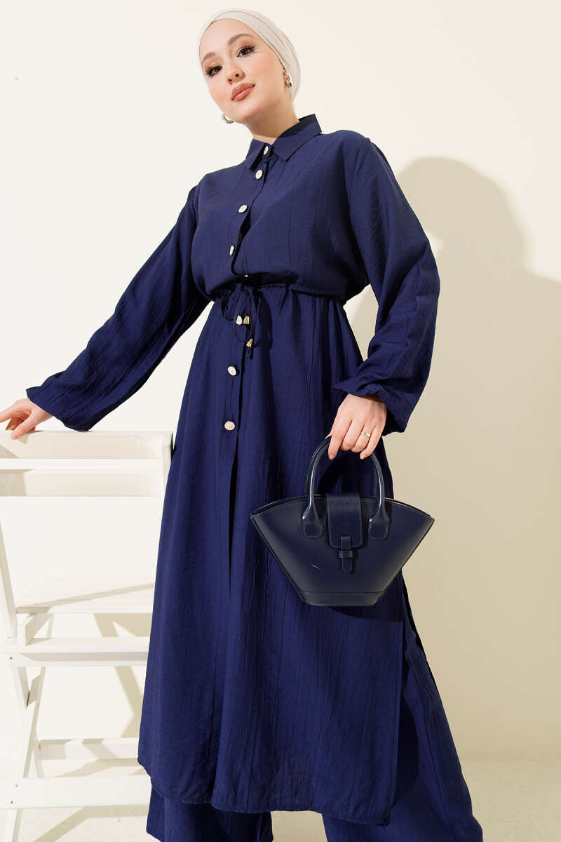 Long Tunic Two-Piece Set with Drawstring Waist - Navy