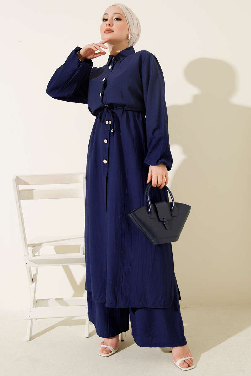 Long Tunic Two-Piece Set with Drawstring Waist - Navy