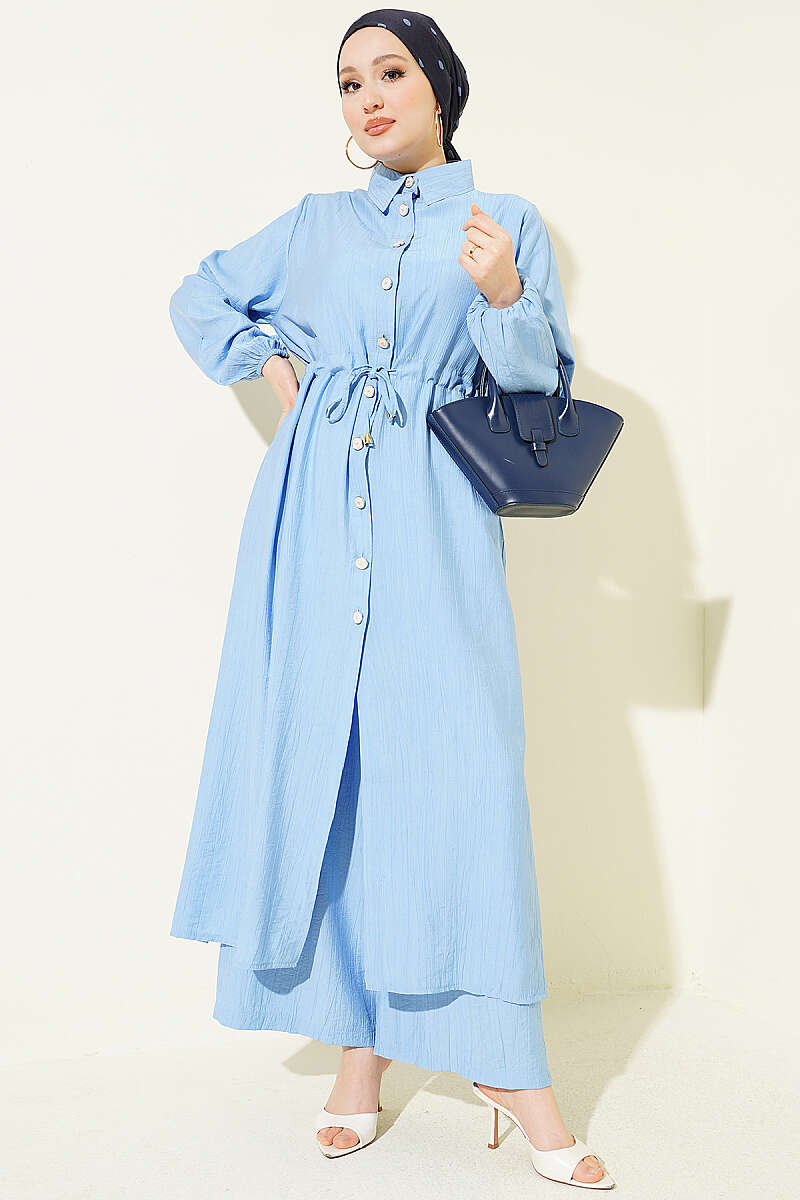 Long Tunic Two-Piece Set with Drawstring Waist - Blue