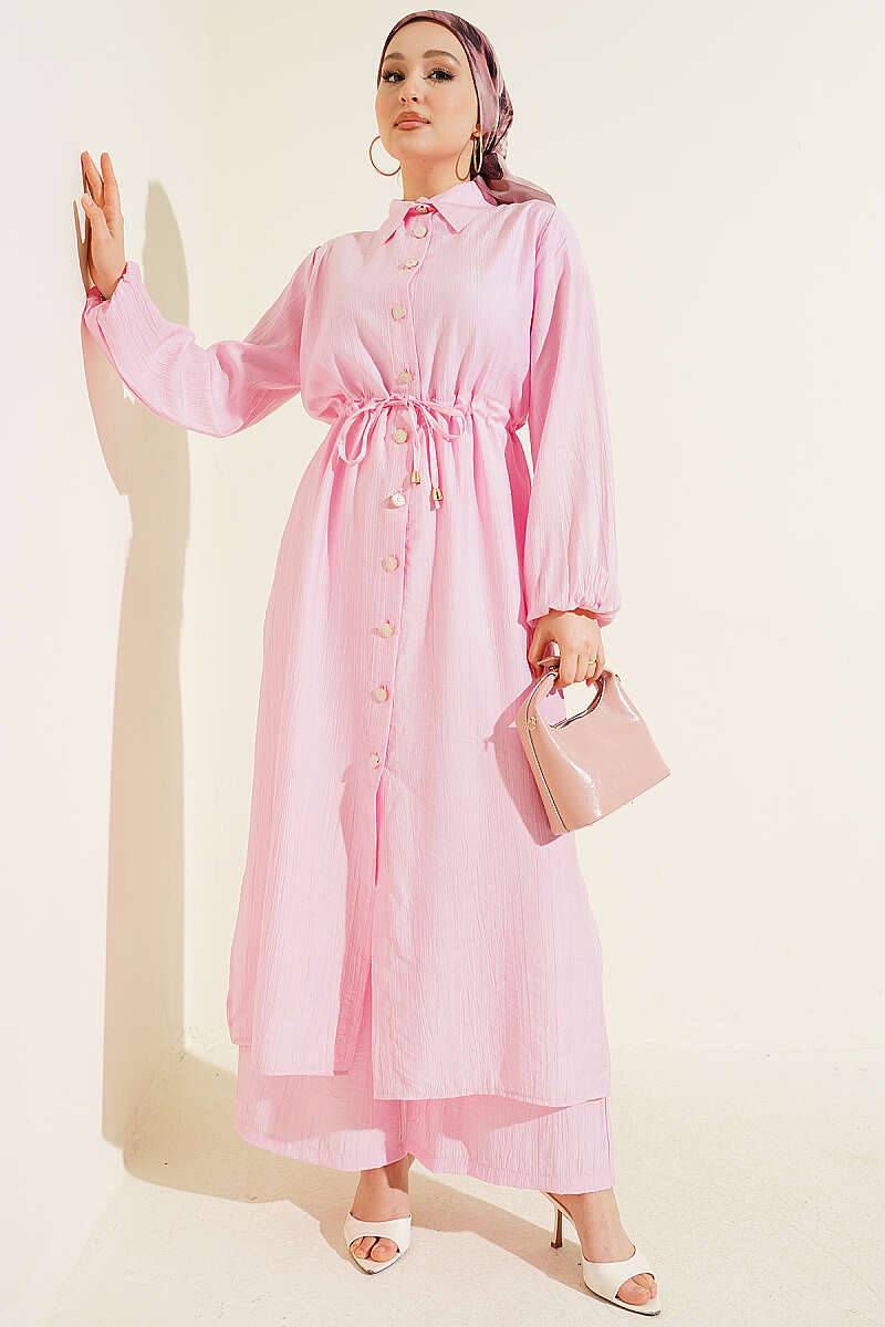 Long Tunic Two-Piece Set with Drawstring Waist - Pink