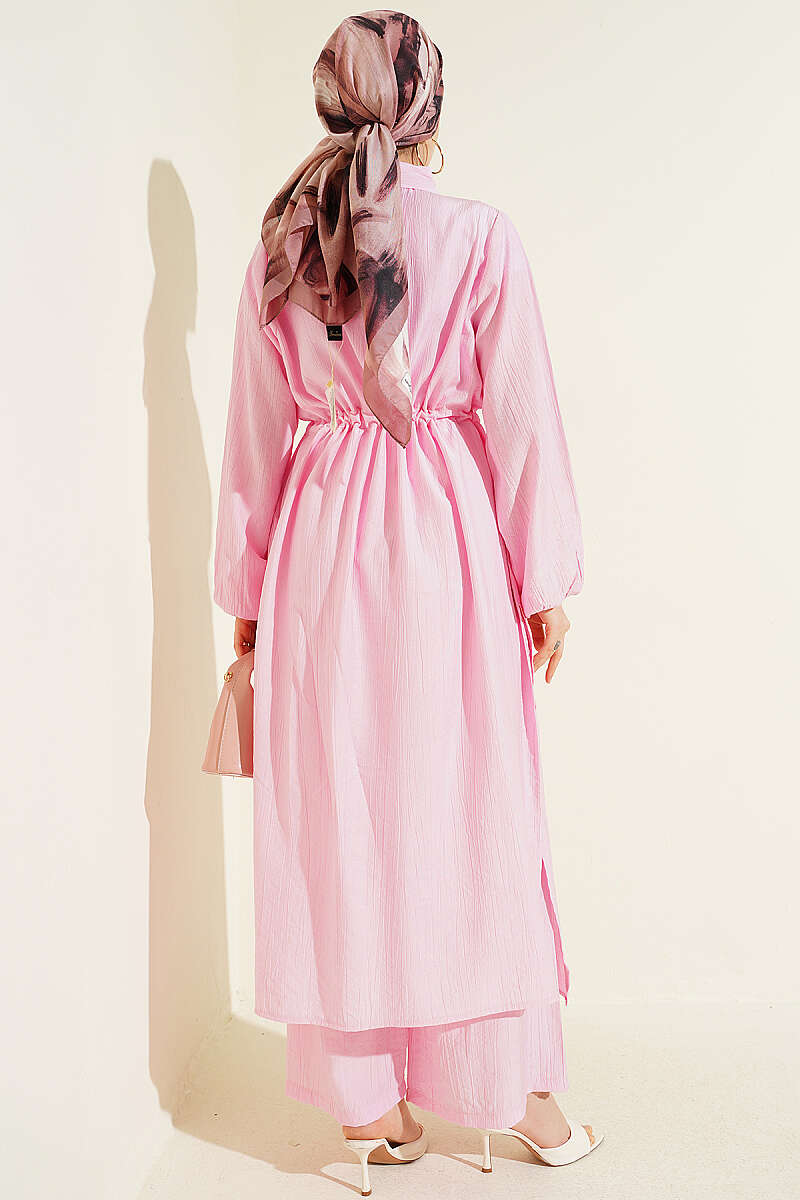 Long Tunic Two-Piece Set with Drawstring Waist - Pink