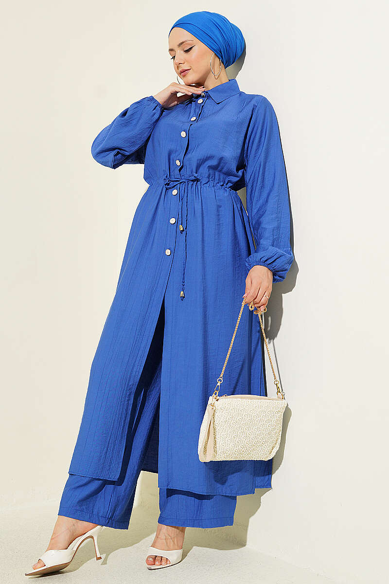 Long Tunic Two-Piece Set with Drawstring Waist - Saxe Blue