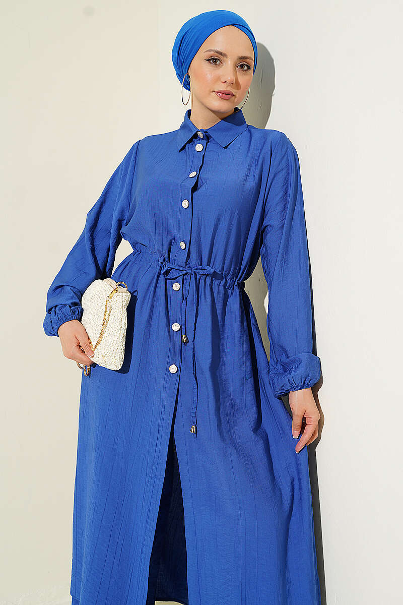 Long Tunic Two-Piece Set with Drawstring Waist - Saxe Blue