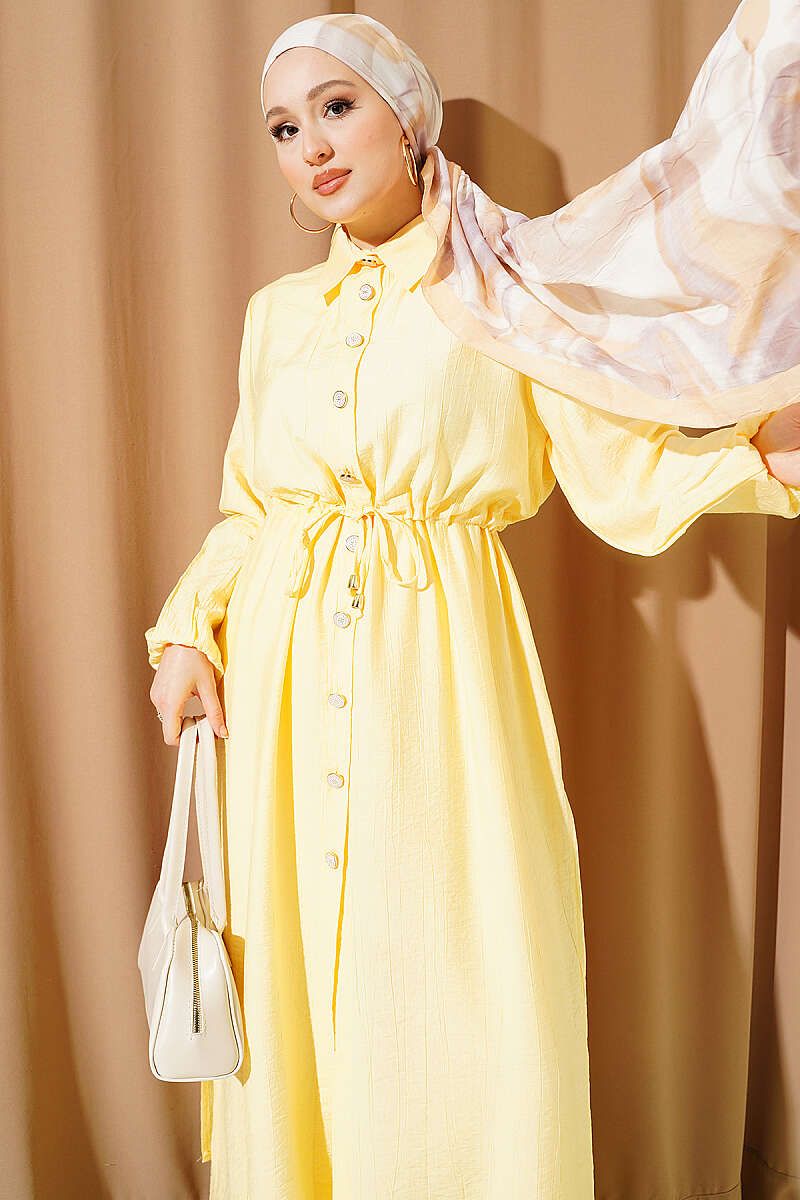 Long Tunic Two-Piece Set with Drawstring Waist - Yellow