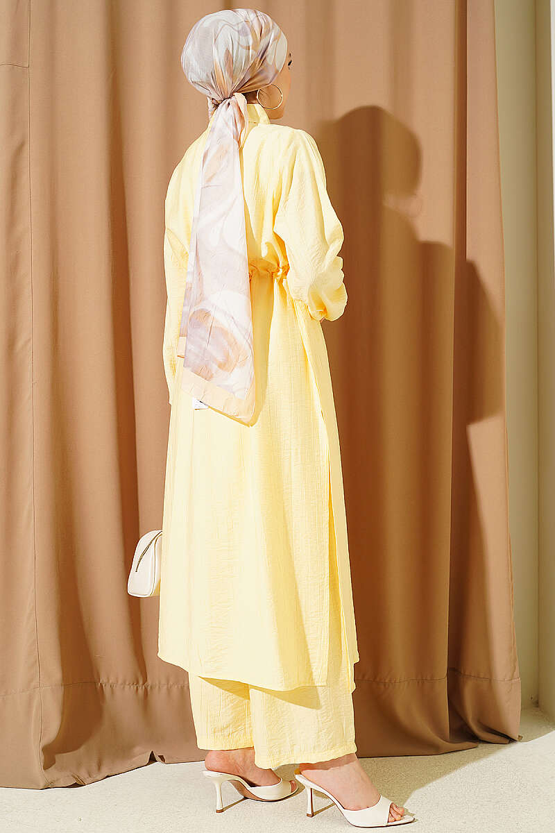 Long Tunic Two-Piece Set with Drawstring Waist - Yellow
