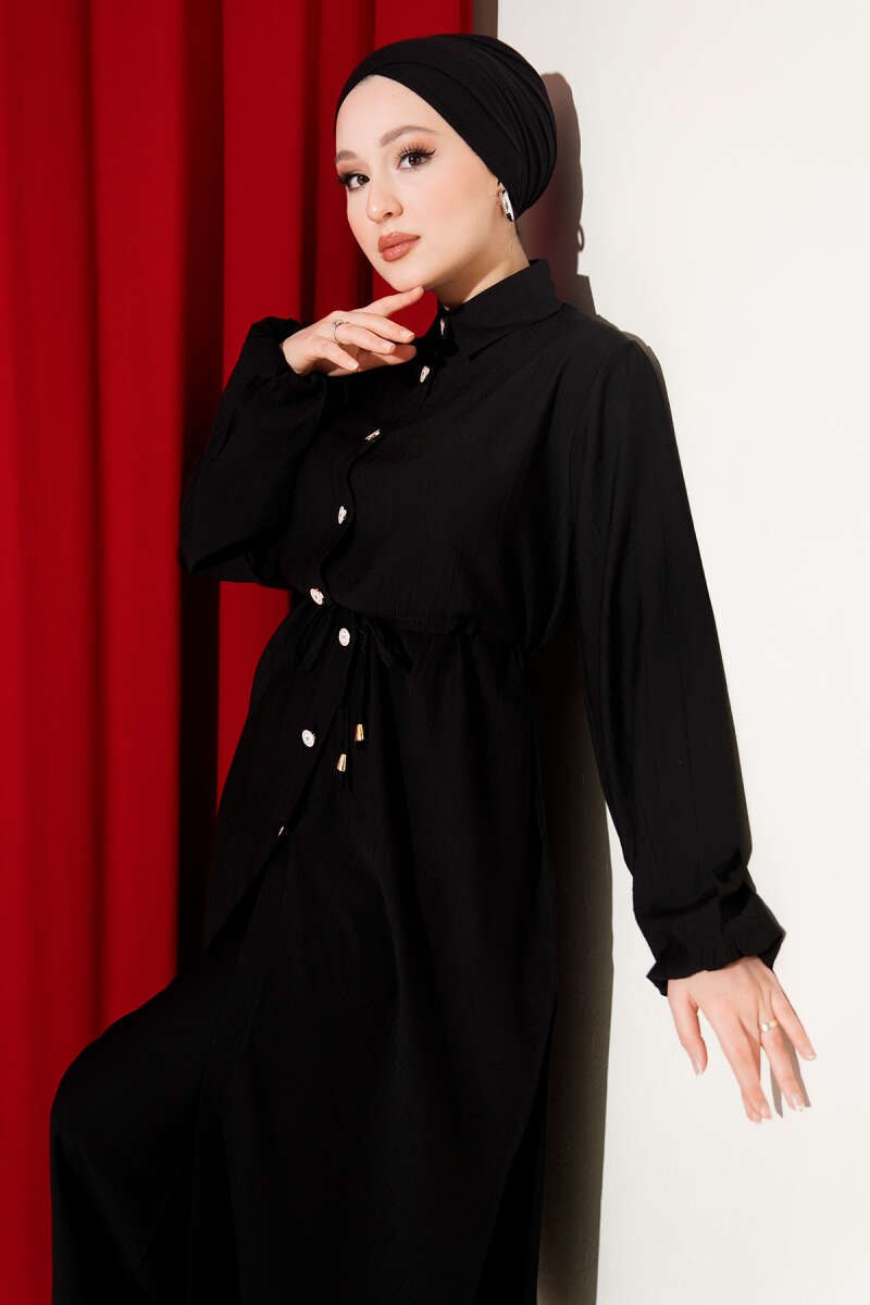 Long Tunic Two-Piece Set with Drawstring Waist - Black