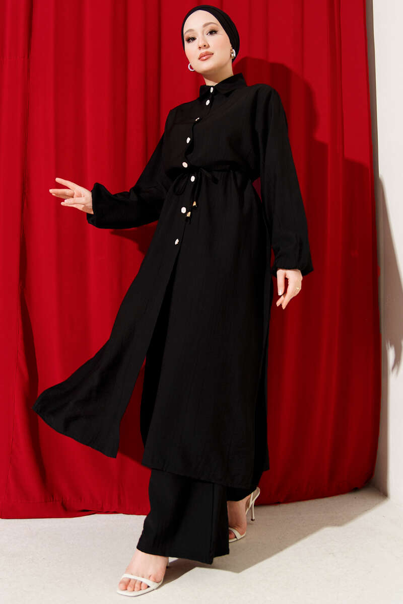 Long Tunic Two-Piece Set with Drawstring Waist - Black