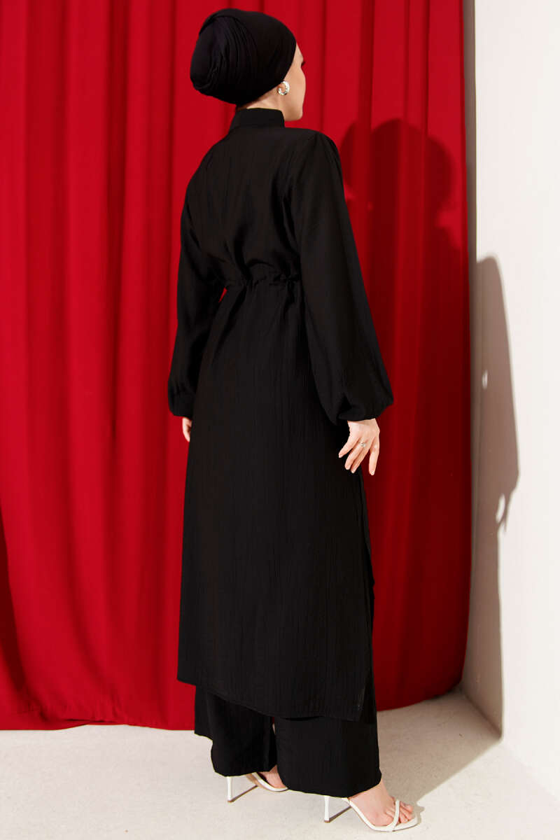 Long Tunic Two-Piece Set with Drawstring Waist - Black