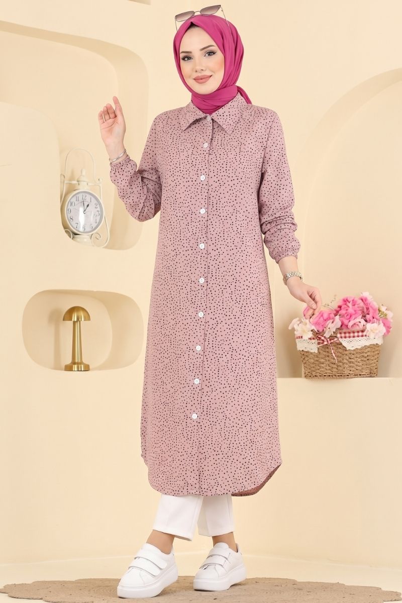 Long Speckled-Print Tunic - Powder-Mink