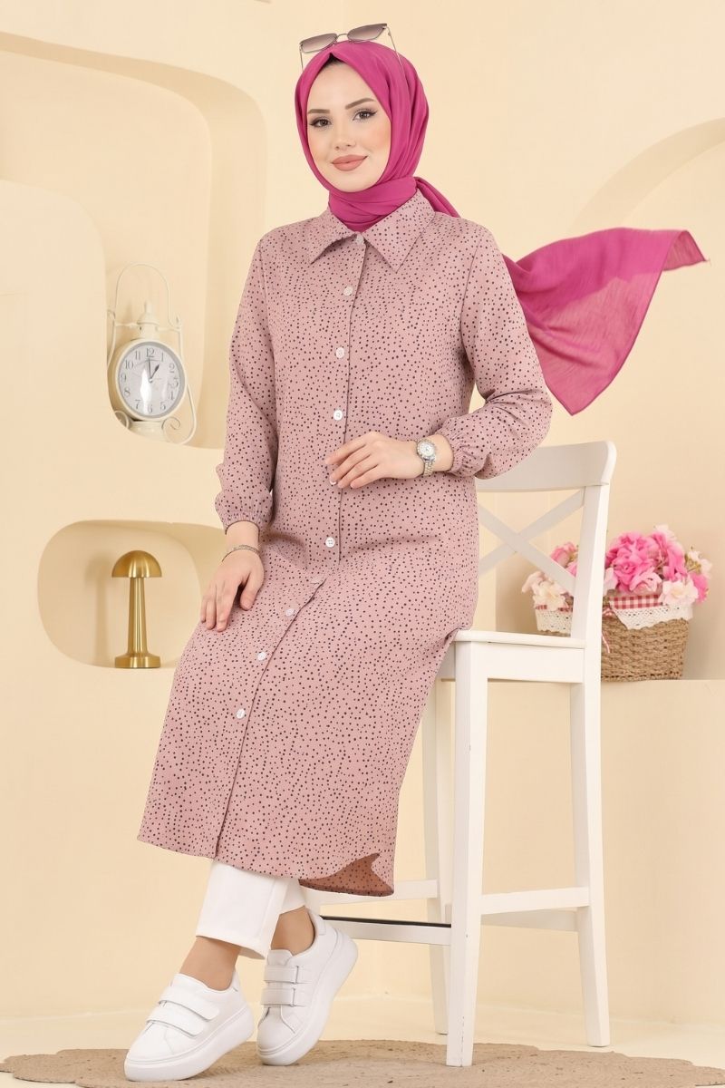 Long Speckled-Print Tunic - Powder-Mink