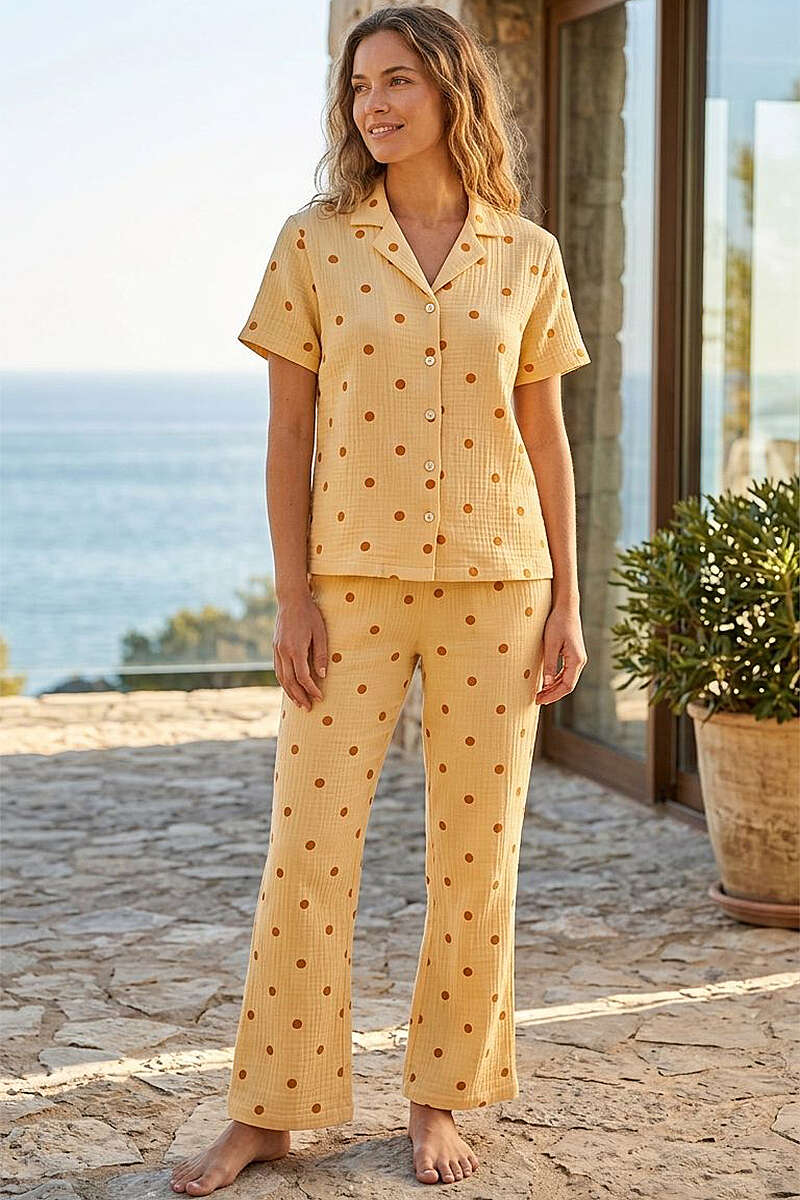 Spotted Muslin Short-Sleeve Shirt Pyjama Set - Orange