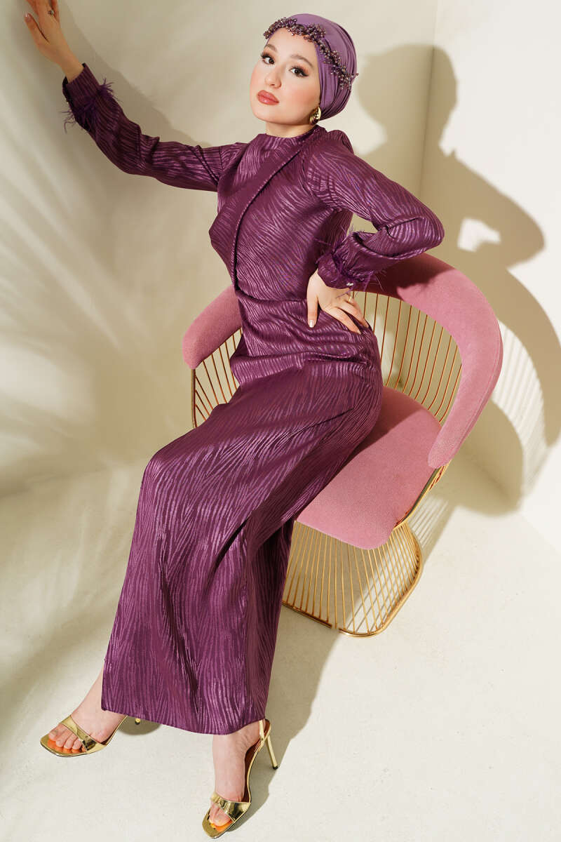 Jacquard Dress with Tulle Cuffs - Magenta