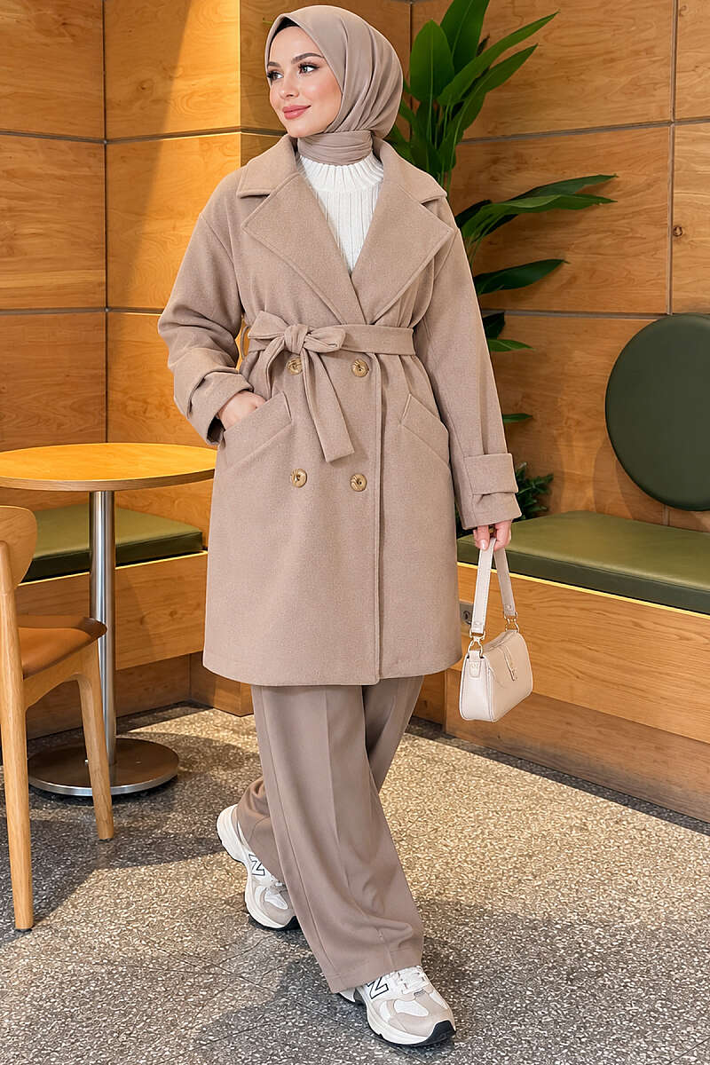 Belted Felt Coat with Epaulette Cuffs - Beige