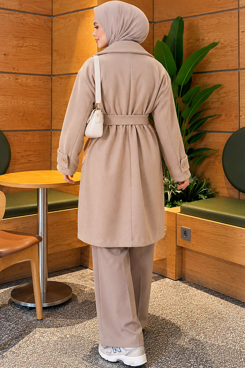 Belted Felt Coat with Epaulette Cuffs - Beige