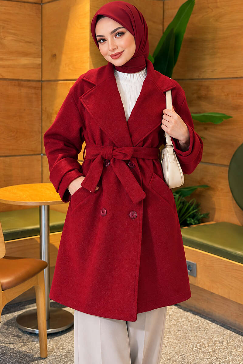 Belted Felt Coat with Epaulette Cuffs - Burgundy
