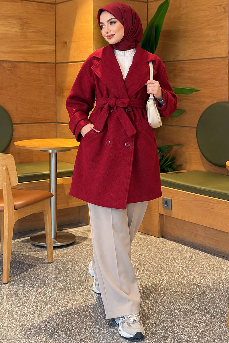 Belted Felt Coat with Epaulette Cuffs - Burgundy