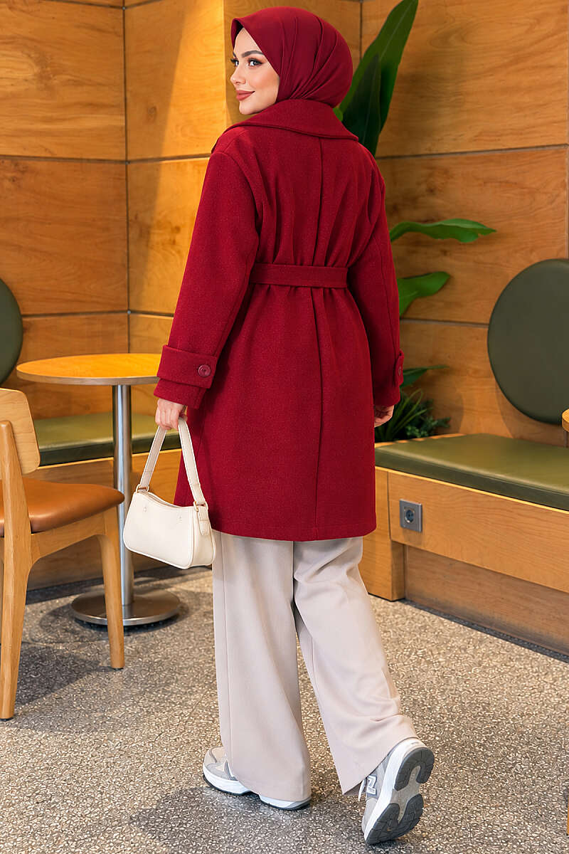 Belted Felt Coat with Epaulette Cuffs - Burgundy
