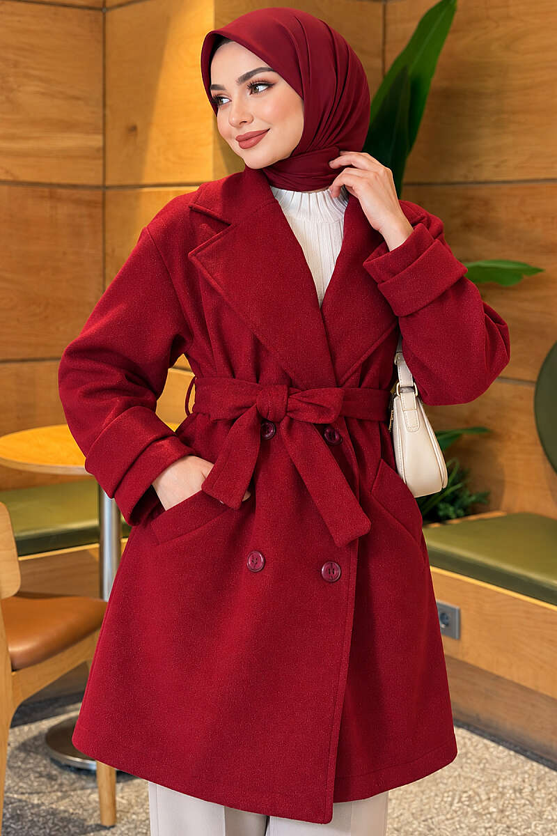 Belted Felt Coat with Epaulette Cuffs - Burgundy