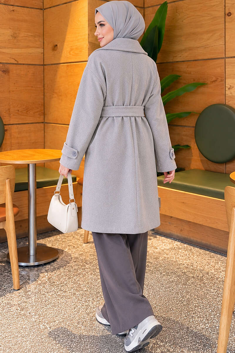 Belted Felt Coat with Epaulette Cuffs - Grey