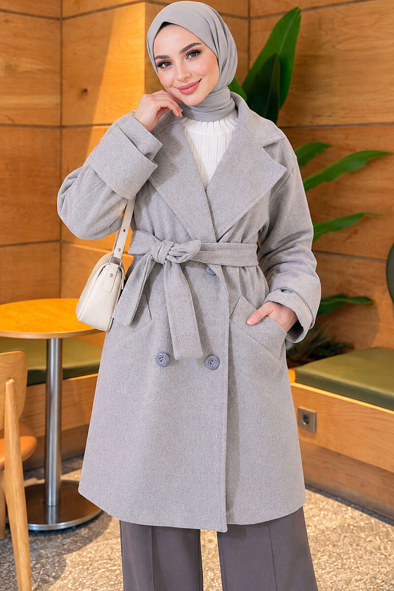 Belted Felt Coat with Epaulette Cuffs - Grey