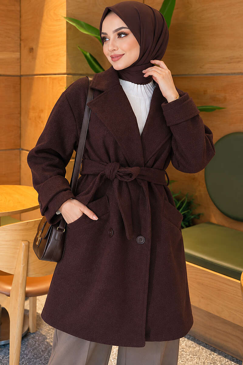 Belted Felt Coat with Epaulette Cuffs - Brown