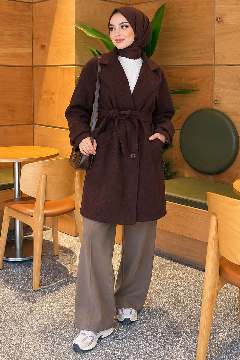 Belted Felt Coat with Epaulette Cuffs - Brown