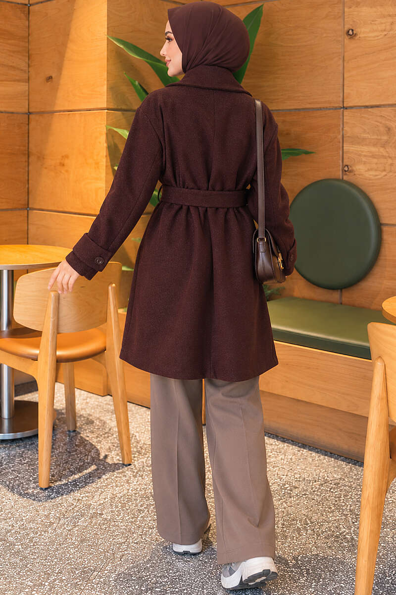 Belted Felt Coat with Epaulette Cuffs - Brown