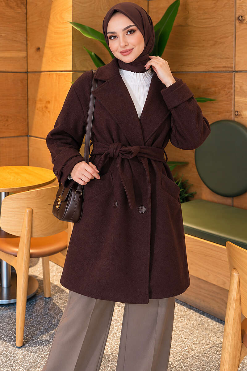 Belted Felt Coat with Epaulette Cuffs - Brown