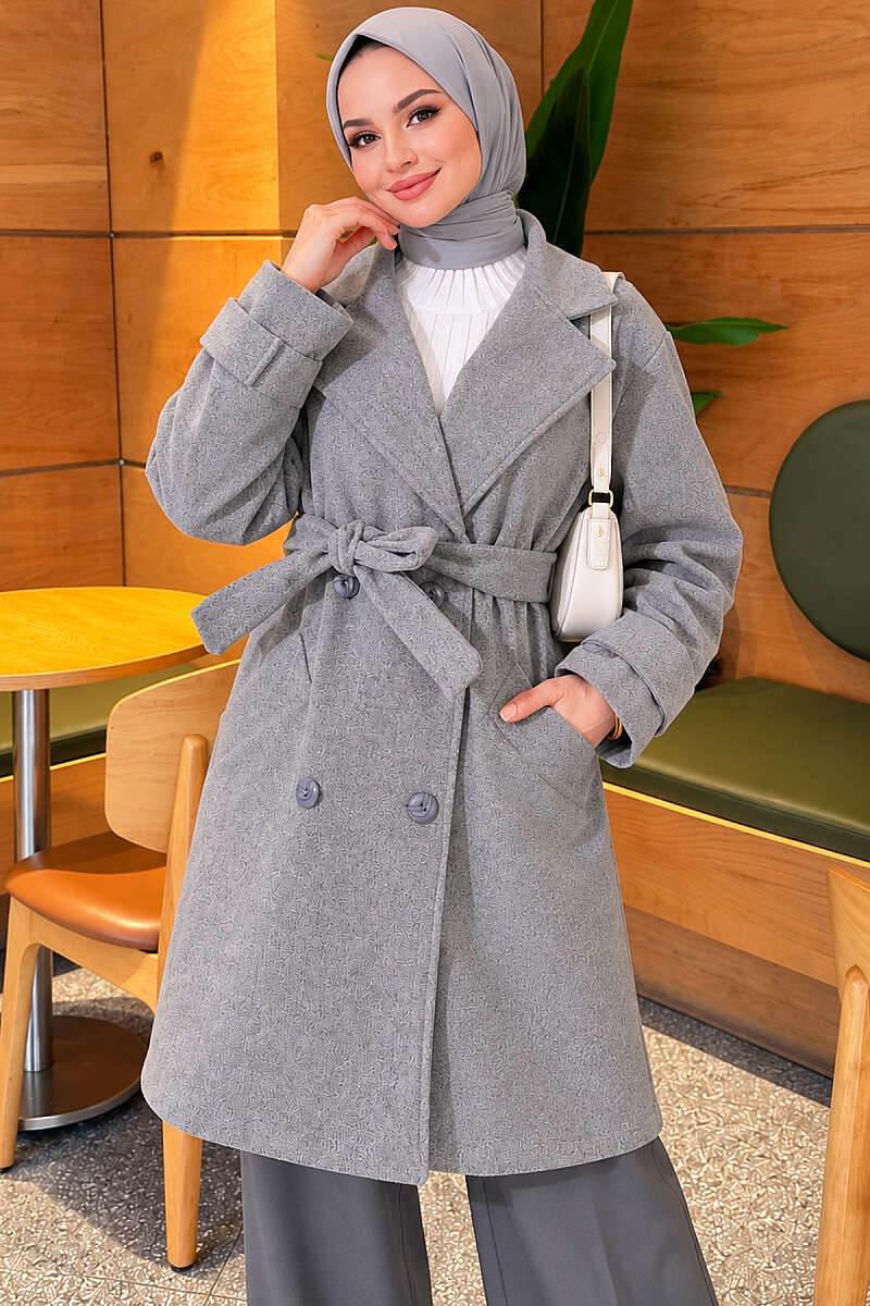 Belted Felt Coat with Epaulette Cuffs - Heather Grey